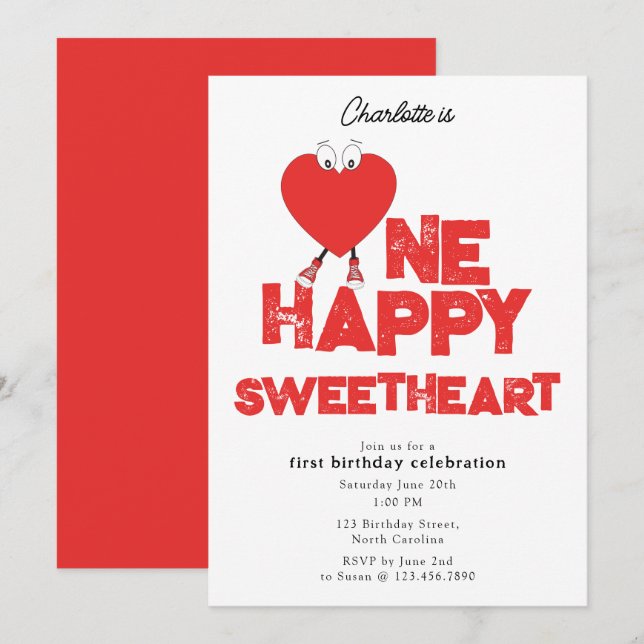 One Happy Sweetheart Invite 1st Girl Birthday Inbjudningar (Fram/baksida)