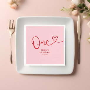 One Heart Calligraphy 1st Birthday Rosa Red Pappersservett