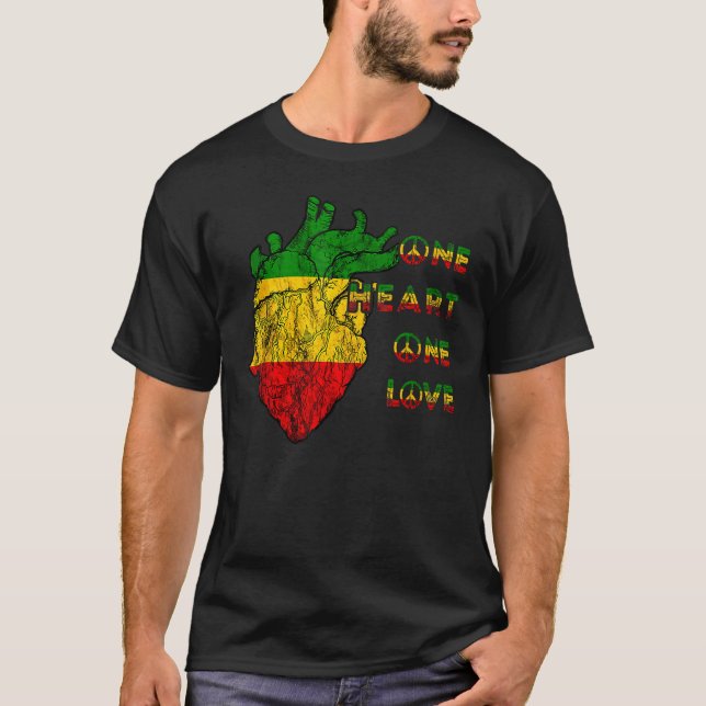 One Heart One Kärlek Rasta Reggae Peace Rastafaria T Shirt (Framsida)