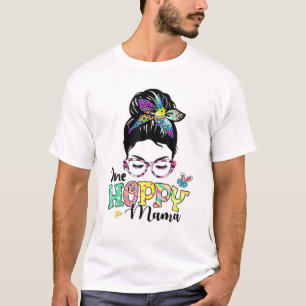 One Hoppy Mamma Bunny Påsk Day Messy Bun Leopard T Shirt