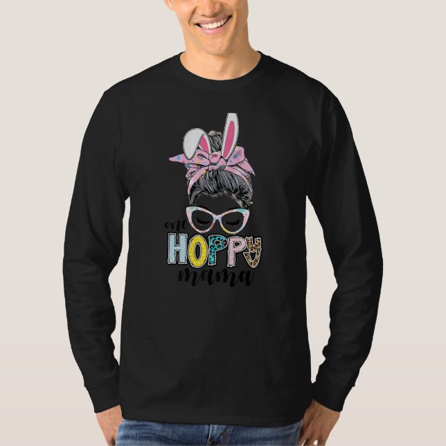 One Hoppy Mamma Leopard Glasses Messy Bun Lycklig  T Shirt (Framsida)