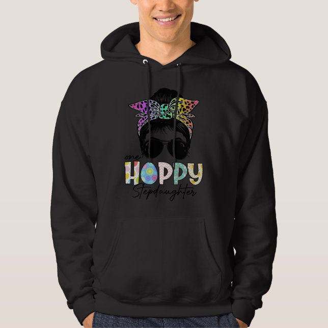 One Hoppy Stepdaughter Leopard Messy Bun Easter Da Hoodie (Framsida)