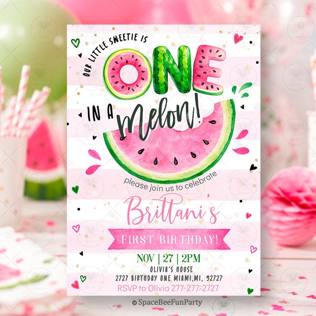 One In A Melon 1-års födelsedag Watermelon  Inbjudningar (watermelon birthday invitation, one in a melon, first birthday invitation, summer birthday party, wa)