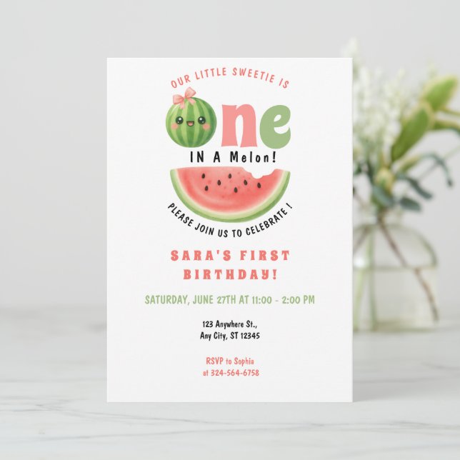 One in a Melon 1-års födelsedags sommar tjej inbju Inbjudningar (Stående Fram)