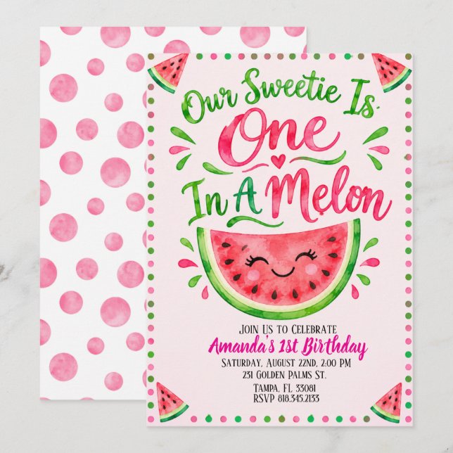 One In A Melon 1-års inbjudan  (Fram/baksida)