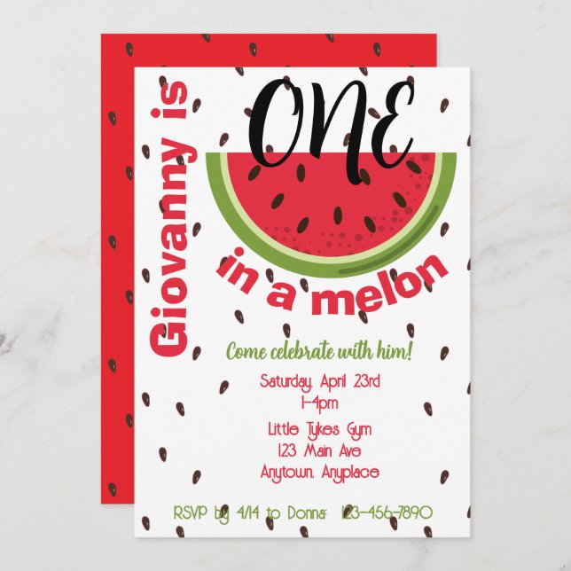 One in a Melon 1st Birthday Party Inbjudningar (Fram/baksida)