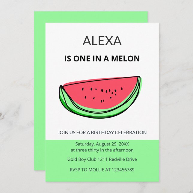 One in a Melon 1st Birthday Watermelon Birthday Inbjudningar (Fram/baksida)
