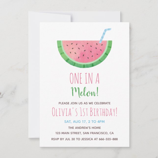 One In A Melon Vattenmelon 1-års Födelsedagsfest Inbjudningar (Framsida)