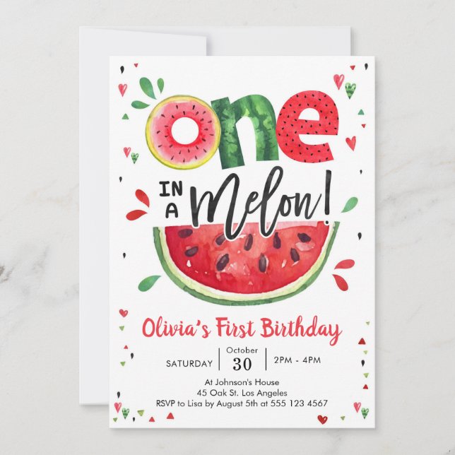 One In A Melon Watermelon 1st Birthday Invitation Inbjudningar (Framsida)