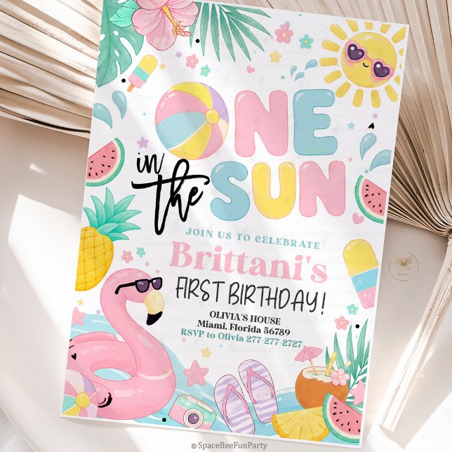 One In The Sun 1-årsfest Inbjudningar (One in the Sun birthday invite, 1st birthday invitation, pool party invite, beach birthday invite, s)