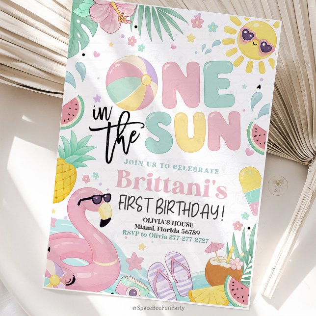 One In The Sun 1-årsfest Inbjudningar (One in the Sun birthday invite, 1st birthday invitation, pool party invite, beach birthday invite, s)