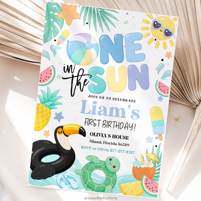 One In The Sun 1-årsfest Inbjudningar (One in the Sun birthday invite, 1st birthday invitation, pool party invite, beach birthday invite, s)