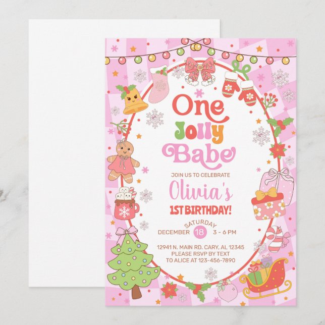 ONE jolly babe Christmas girl 1st birthday invite. Inbjudningar (Fram/baksida)