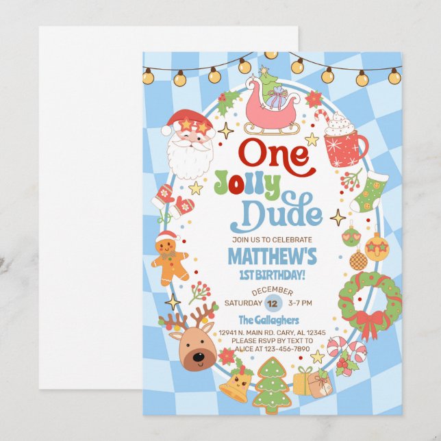 One jolly dude boy 1st Christmas birthday invite. Inbjudningar (Fram/baksida)