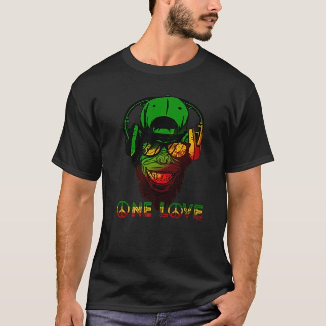 One Kärlek Rasta Reggae Monkey Hippie Rastafarian  T Shirt (Framsida)