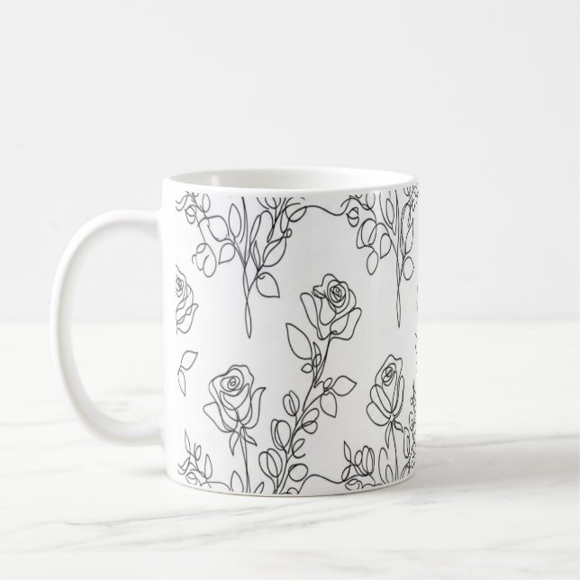 One Line Rose Eucalyptus Elegant Floral Design Kaffemugg (Vänster)