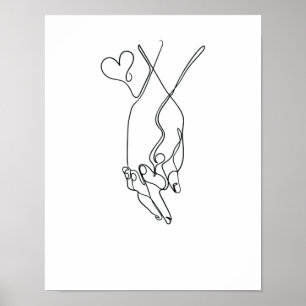One Line Teckning Händchen halten Single Art Poster