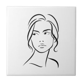 One Line Woman Ansikte Teckning 4 Kakelplatta