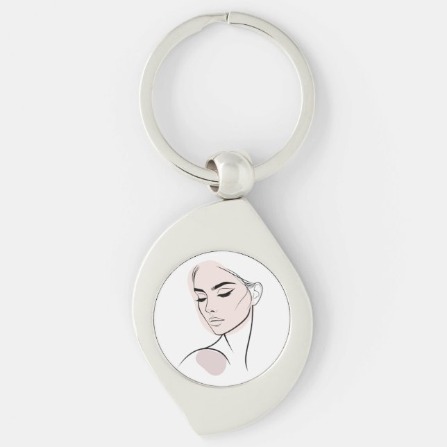 One Line Woman Ansikte Teckning nr 3 (med Färg) Swirl Silverfärgad Nyckelring (Framsidan)