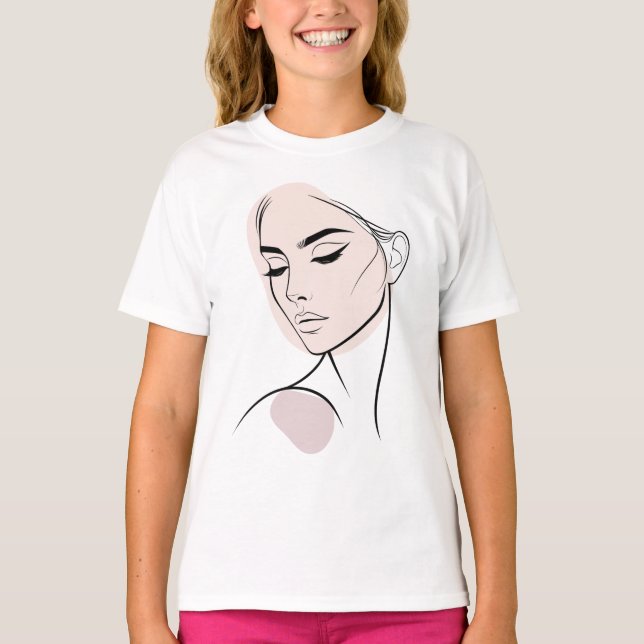 One Line Woman Ansikte Teckning nr 3 (med Färg) T Shirt (Framsida)