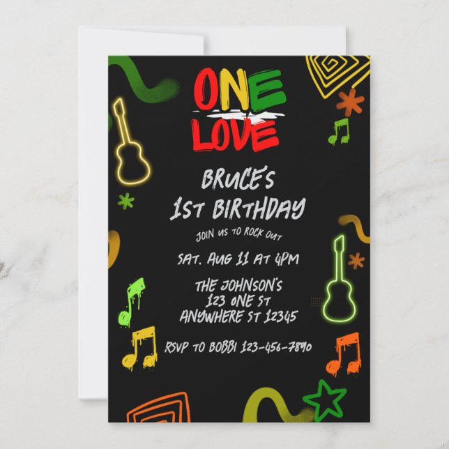 One Love Music Black Red Gold Green 1st Birthday Inbjudningar (Framsida)
