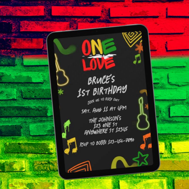 One Love Music Black Red Gold Green 1st Birthday Inbjudningar (Skapare uppladdad)