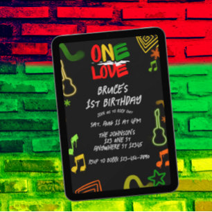 One Love Music Svart Röd Guld Grön 1-årsdag Inbjudningar
