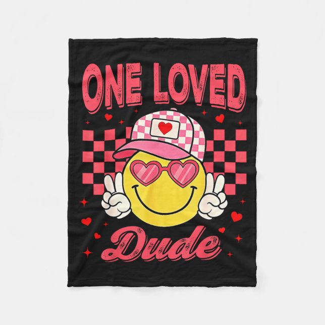One Loved Dude Checkered Heart Valentines Day Boys Fleecefilt (Framsidan)