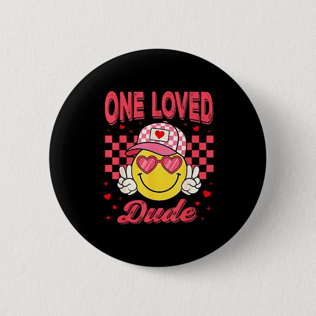 One Loved Dude Checkered Heart Valentines Day Boys Knapp (Framsida)