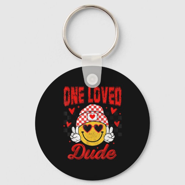 One Loved Dude Checkered Heart Valentines Day Boys Nyckelring (Framsida)