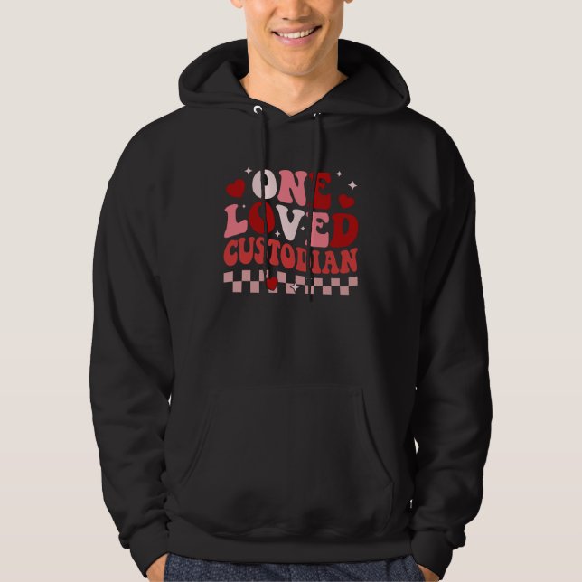 One Loved School Custodian Retro Groovy Valentines Hoodie (Framsida)