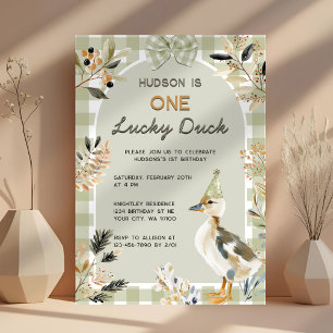 One Lucky Anka Cute Duckling Gingham 1:a födelseda Inbjudningar