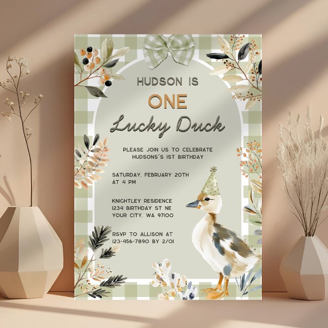 One Lucky Anka Cute Duckling Gingham 1:a födelseda Inbjudningar (Skapare uppladdad)