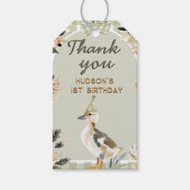 One Lucky Anka Cute Duckling Gingham 1:a födelseda Presentetikett