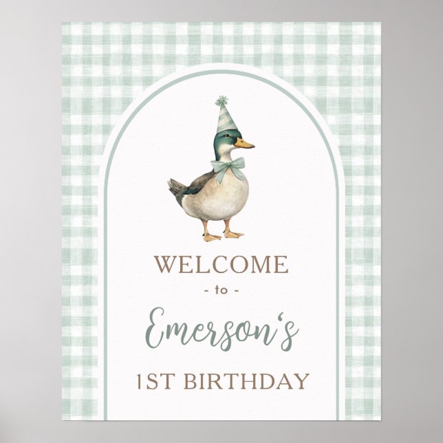 One Lucky Anka Grönt Gingham 1st Birthday Välkomme Poster (Framsidan)