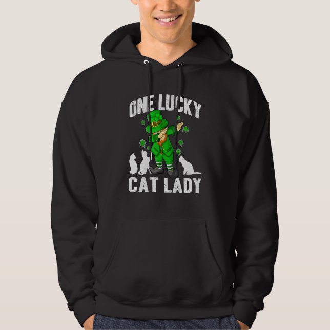 One Lucky Cat Lady St Patricks Day Dabbing Leprech Hoodie (Framsida)