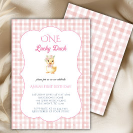 One Lucky Duck 1st Flicka Rosa Gingham Födelsedag  Inbjudningar