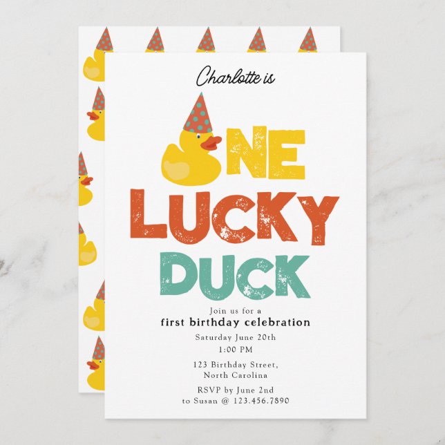 One Lucky Duck Invite 1st  First Birthday Cute Inbjudningar (Fram/baksida)