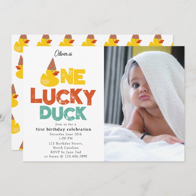 One Lucky Duck Invite 1st  First Birthday Photo Inbjudningar (Fram/baksida)