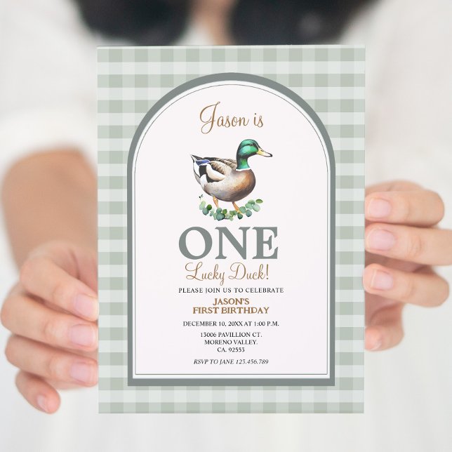 One Lucky Mallard Ankor Grönt Gingham 1st Birthday Inbjudningar (Skapare uppladdad)