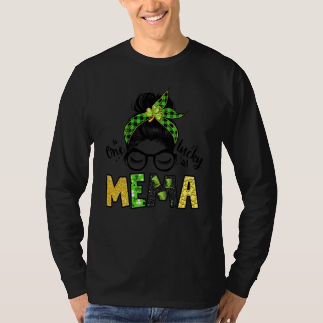 One Lucky Mema Messy Bun Leopard St Patrick's Day T Shirt (Framsida)