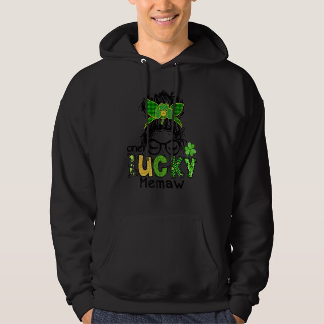 One Lucky Memaw Messy Bun Leopard St Patrick's Day Hoodie (Framsida)