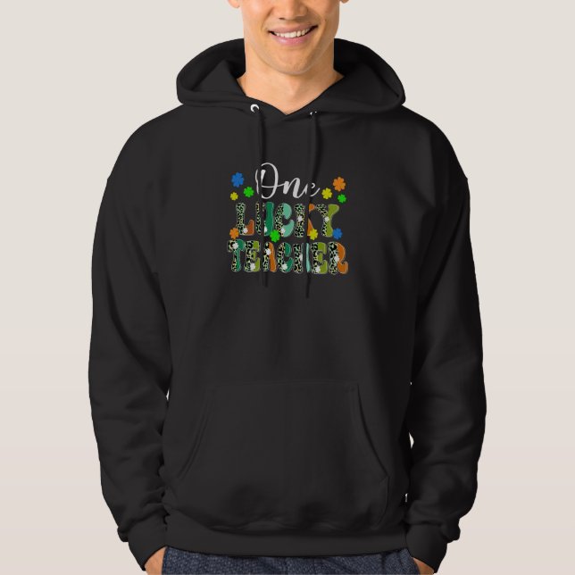One Lucky Teacher Leopard Print Cute Shamrock C Hoodie (Framsida)