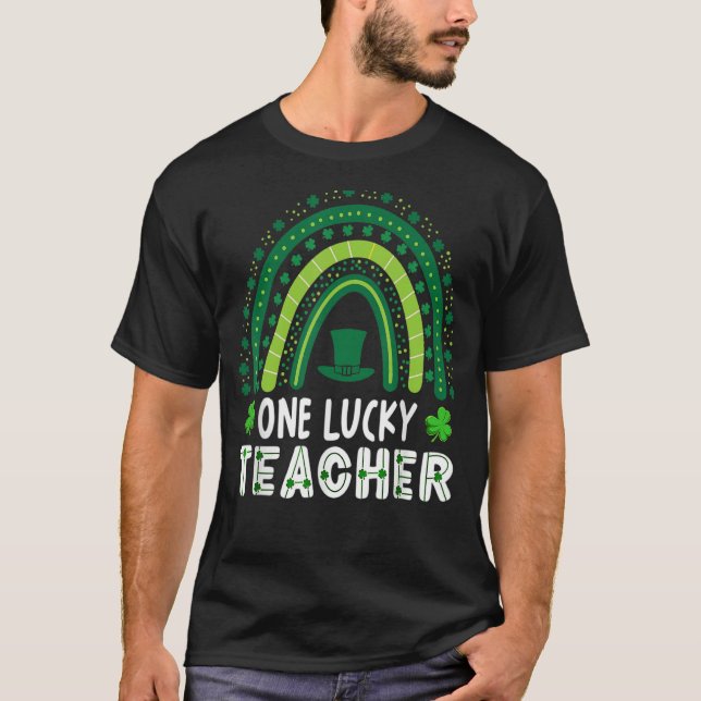 One Lucky Teacher St patrick's day Rainbow Leopard T Shirt (Framsida)