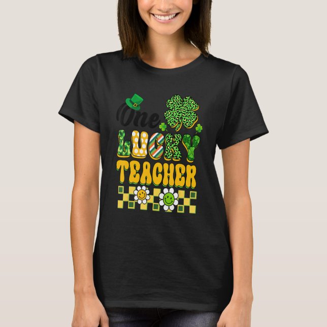 One Lucky Teacher St Patricks Day Teacher Groovy V T Shirt (Framsida)