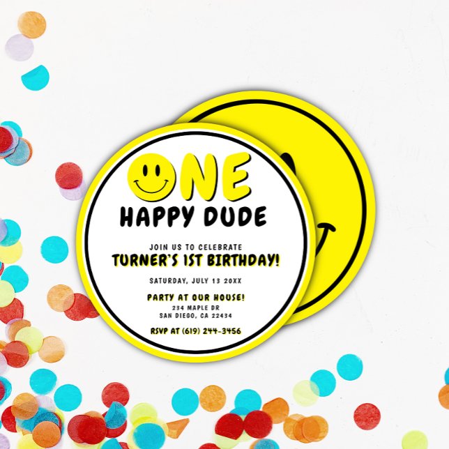 One Lycklig, 1:a födelsedag Smiley face Inbjudningar (Skapare uppladdad)