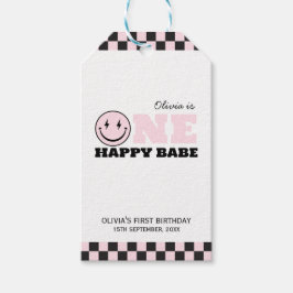 One Lycklig Babe Girls Rosa 1:a födelsedagen Presentetikett