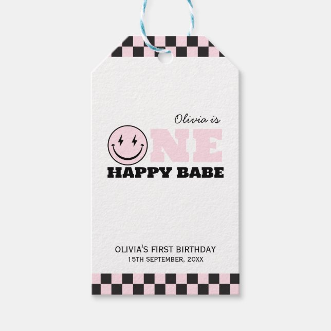 One Lycklig Babe Girls Rosa 1:a födelsedagen Presentetikett (Framsidan)