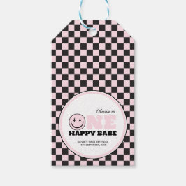 One Lycklig Babe Girls Rosa 1:a födelsedagen Presentetikett