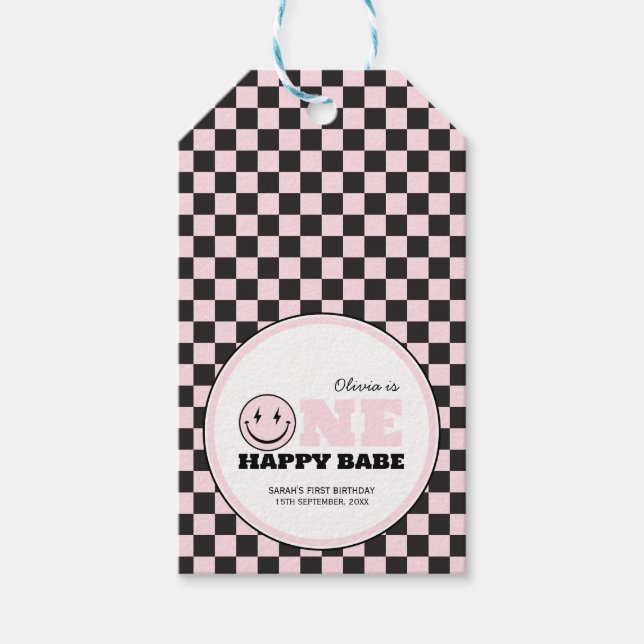 One Lycklig Babe Girls Rosa 1:a födelsedagen Presentetikett (Framsidan)